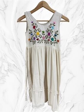 Girls Mexican Cream Sleeveless Dress with Colorful Floral Embroidery sz 7-8